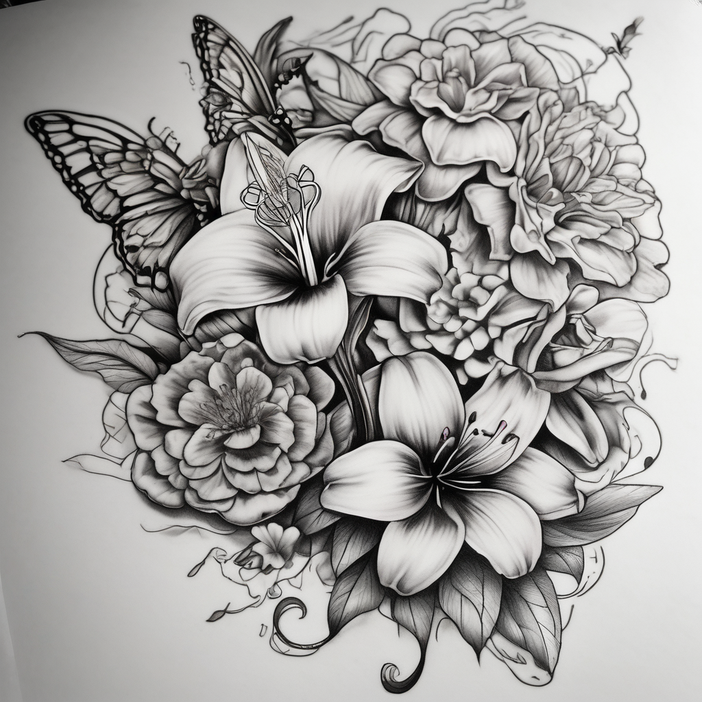 Calia Lily, rose, gadiolus, carnation,Narcissus,poppy, aster, violet ,chrysanthemum, lily of the valley and water lily sleeve on upper arm and shoulder with and dragonflies on skin floral sleeve tattoo, design de tatouage Old school généré par IA